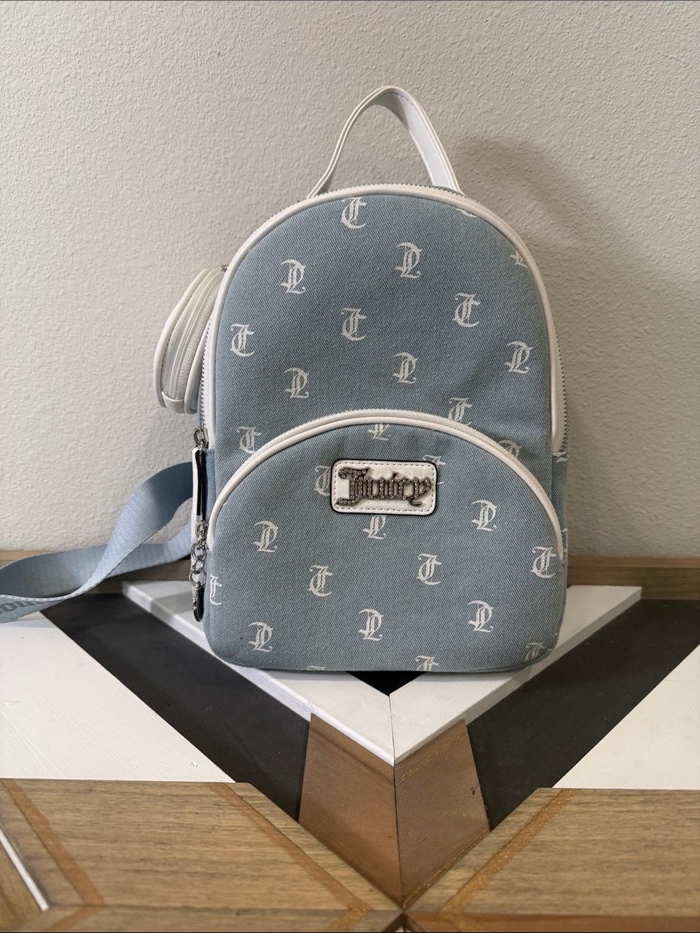 Juicy Couture Queen of Everything Light Blue Denim Logo Backpack with White Trim